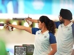 10m Air Pistol Mixed Team Qualification - Chateauroux Shooting Centre, Dols, France. Manu Bhaker of India and Sarabjot Singh (R) of India in action. 