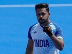 India's Harmanpreet Singh, center, celebrates after scoring a goal during the men's field hockey match between India and Argentina India's Harmanpreet Singh, center, celebrates after scoring a goal during the men's field hockey match between India and Argentina