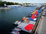 A general view of the pontoon used by Triathlon athletes moored on the River Seine.