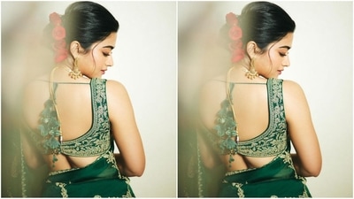 With the help of makeup artist Mitali Vakil, Rashmika was styled with nude eyeshadow, smudged eyeliner, mascara-coated lashes, darkened brows, blushed cheeks, a luminous highlighter, and a shade of nude lipstick. (Instagram/@rashmika_mandanna)
