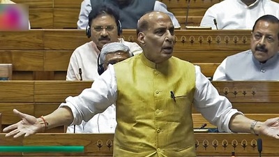 Defence minister Rajnath Singh speaks in the Lok Sabha during the Monsoon Session of Parliament. (ANI) Defence minister Rajnath Singh speaks in the Lok Sabha during the Monsoon Session of Parliament. (ANI)