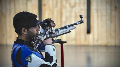 Arjun Babuta competes in men’s 10m air rifle final round, at the Paris Olympics on Monday. (PTI) Arjun Babuta competes in men’s 10m air rifle final round, at the Paris Olympics on Monday. (PTI)