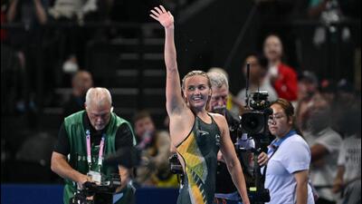 Australia's gold medallist swimmer Ariarne Titmus celebrates after the final of the women's 400m freestyle event at the Paris Olympic Games. (AFP) Australia's gold medallist swimmer Ariarne Titmus celebrates after the final of the women's 400m freestyle event at the Paris Olympic Games. (AFP)