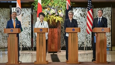 (L to R) India's Foreign Minister Subrahmanyam Jaishankar, Japan's Foreign Minister Yoko Kamikawa, Australia's Foreign Minister Penny Wong and US Secretary of State Antony Blinken take part in a press conference after the Quad Ministerial Meeting. (AFP) (L to R) India's Foreign Minister Subrahmanyam Jaishankar, Japan's Foreign Minister Yoko Kamikawa, Australia's Foreign Minister Penny Wong and US Secretary of State Antony Blinken take part in a press conference after the Quad Ministerial Meeting. (AFP)