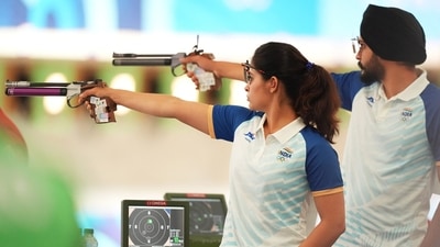10m Air Pistol Mixed Team Qualification - Chateauroux Shooting Centre, Dols, France. Manu Bhaker of India and Sarabjot Singh (R) of India in action. (REUTERS)