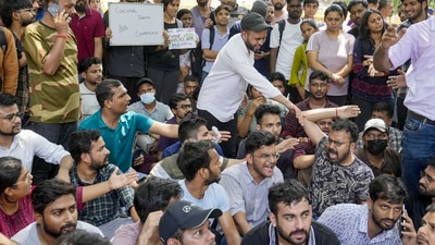 Students stage a protest after three civil services aspirants died due to drowning at a coaching centre in Old Rajinder Nagar area in New Delhi (PTI Photo/Shahbaz Khan) (PTI) Students stage a protest after three civil services aspirants died due to drowning at a coaching centre in Old Rajinder Nagar area in New Delhi (PTI Photo/Shahbaz Khan) (PTI)