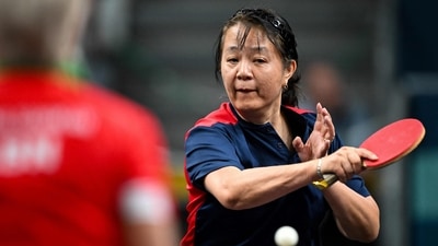 Chile's Zhiying Zeng plays a return to Lebanon's Mariana Sahakian during their women's table tennis singles preliminary round at the Paris 2024 Olympic Games. (AFP)