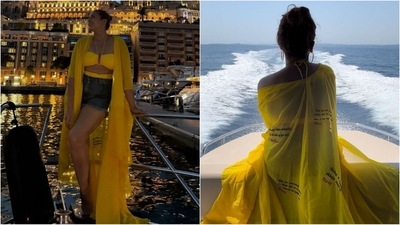 Huma Qureshi's seaside look will definitely inspire your next holiday. She rocked a bright yellow halter neck bralette paired with a sheer, floor-sweeping shrug and high-waisted black shorts, making her vacation style absolutely on point. (Instagram) Huma Qureshi's seaside look will definitely inspire your next holiday. She rocked a bright yellow halter neck bralette paired with a sheer, floor-sweeping shrug and high-waisted black shorts, making her vacation style absolutely on point. (Instagram)