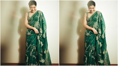 Her saree is from the shelves of the brand Torani Official and features an enchanting green shade adorned with intricate golden embroidery throughout. She paired it with a matching sweetheart neckline blouse, radiating glam vibes. (Instagram/@rashmika_mandanna)