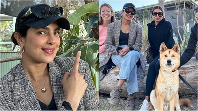 Priyanka Chopra's look features an oversized checkered blazer paired with a black full-sleeve top and relaxed-fit denim. She accessorised with golden hoop earrings, a pendant necklace, a summer cap, sunglasses, and sporty shoes. (Instagram) Priyanka Chopra's look features an oversized checkered blazer paired with a black full-sleeve top and relaxed-fit denim. She accessorised with golden hoop earrings, a pendant necklace, a summer cap, sunglasses, and sporty shoes. (Instagram)