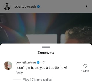 Gwyneth's comment on Robert Downey Jr's post. Gwyneth's comment on Robert Downey Jr's post.