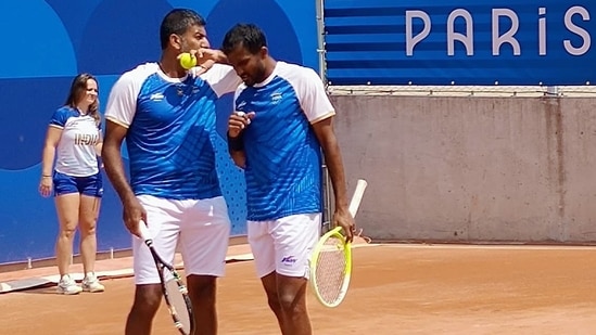 Indian Tennis players Rohan Bopanna and Sriram Balaji during the practice session on the eve of Paris Olympics, on Thursday(Team India-X)