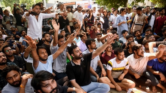 Delhi coaching centre flooded LIVE: Students protest outside the IAS coaching institute in Old Rajinder Nagar, where 3 UPSC aspirants died due to drowning. (ANI Photo/Amit Sharma)