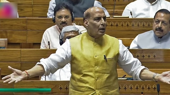 Defence minister Rajnath Singh speaks in the Lok Sabha during the Monsoon Session of Parliament.(ANI)