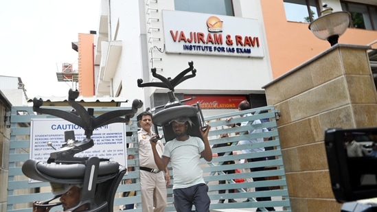 Coaching centres staff vaccant basement office area after few coaching centre have been sealed by MCD, at Old Rajinder Nagar area, following the death of three civil services aspirants due to drowning at a coaching centre in New Delhi, India, on Monday, July 29, 2024. (Arvind Yadav/HT Photo)