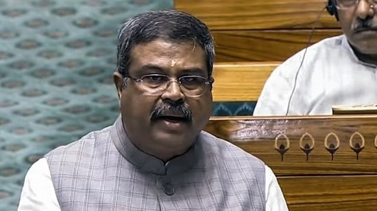Union Education Minister Dharmendra Pradhan speaks in the Lok Sabha during the Monsoon Session of Parliament, in New Delhi on Monday. (SansadTV)