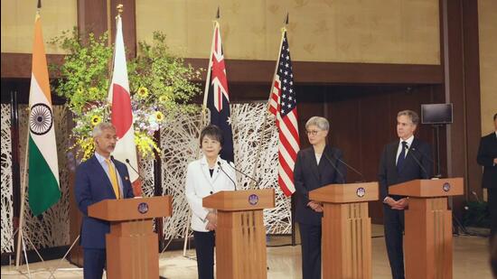External affairs minister S Jaishankar with Japan's foreign minister Yoko Kamikawa, Australia's foreign affairs minister Penny Wong and US secretary of state Antony Blinken during the Quad foreign ministers’ meeting in Tokyo. (PTI Photo)