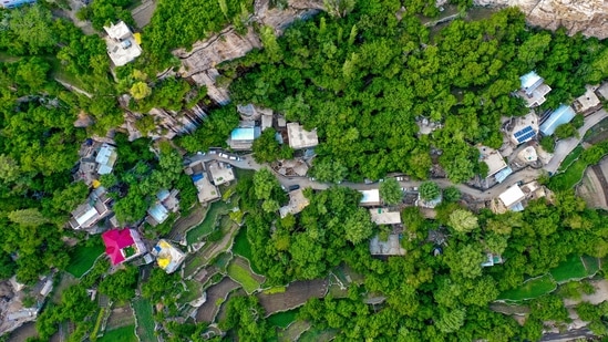 This drone photograph taken on May 22, 2024, shows an aerial view of Garkon village in Ladakh. (Photo by SHUBHAM KOUL / AFP)(AFP)