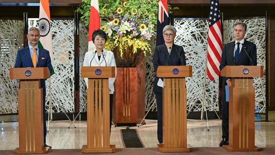 (L to R) India's Foreign Minister Subrahmanyam Jaishankar, Japan's Foreign Minister Yoko Kamikawa, Australia's Foreign Minister Penny Wong and US Secretary of State Antony Blinken take part in a press conference after the Quad Ministerial Meeting.(AFP)