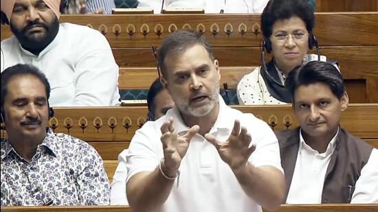 Leader of Opposition in Lok Sabha Rahul Gandhi speaks in the Lower House of Parliament on Monday. (Sansad TV)
