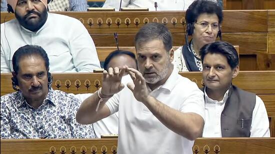 Leader of the Opposition in the Lok Sabha Rahul Gandhi speaks in the house during discussion on Union Budget on Monday. (sansad tv) Leader of the Opposition in the Lok Sabha Rahul Gandhi speaks in the house during discussion on Union Budget on Monday. (sansad tv)
