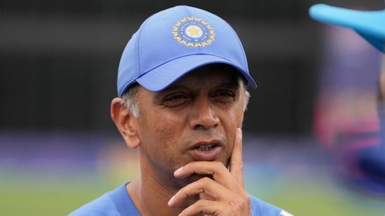 India's head coach Rahul Dravid waits at the presentation ceremony after defeating South Africa in the ICC Men's T20 World Cup final(PTI)