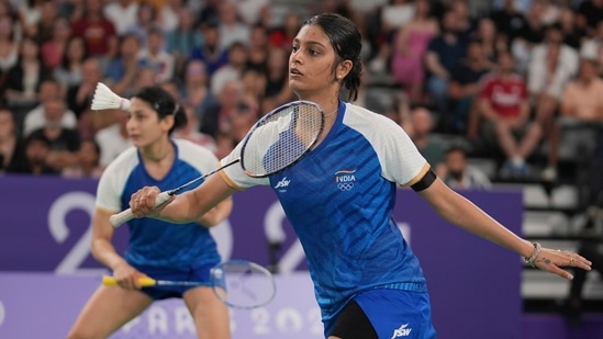 India's Tanisha Crasto and Ashwini Ponnappa play against Japan's Nami Matsuyama and Mayu Matsumoto during their women's doubles badminton group stage match during the 2024 Summer Olympics, Monday, July 29, 2024, in Paris, France. (AP)