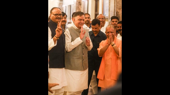 Uttar Pradesh CM Yogi Adityanath with deputy CM Brajesh Pathak and Speaker Satish Mahana arrives to attend the Monsoon session of UP Assembly (PTI)