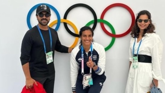Ram Charan and Upasana meet PV Sindhu at Paris Olympics