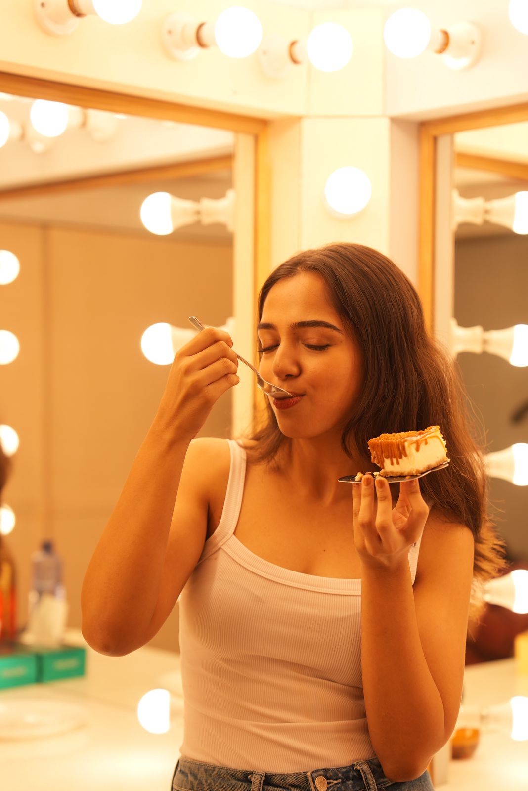 Actor Ahsaas Channa enjoying a slice of cheesecake