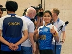 India's Sarabjot Singh, left, speaks with media personnel as Manu Bhaker gestures after the duo won the bronze medal in the 10m air pistol mixed team event at the 2024 Summer Olympics, Tuesday, July 30, 2024
