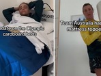 The image shows an athlete's reaction to sleeping on an ‘anti-sex’ cardboard bed at the 2024 Paris Olympics. 