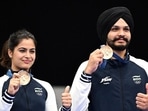 Shooter Manu Bhaker and Sarabjot Singh pose for a photograph with their Bronze medals on winning the 10m Air Pistol Mixed Team event at the Olympic Games Paris 2024, in Paris on Tuesday. (ANI) Shooter Manu Bhaker and Sarabjot Singh pose for a photograph with their Bronze medals on winning the 10m Air Pistol Mixed Team event at the Olympic Games Paris 2024, in Paris on Tuesday. (ANI)