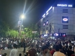 Students protest outsdie Drishti IAS coaching centre in North West Delhi's Mukherjee Nagar on Monday evening.(@AddarshK/X) Students protest outsdie Drishti IAS coaching centre in North West Delhi's Mukherjee Nagar on Monday evening.(@AddarshK/X)