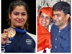 Manu Bhaker smiles with her historic second bronze medal at the Paris Olympics; her parents celebrate at home.