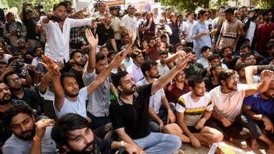 Students protest outside the IAS coaching institute in Old Rajinder Nagar, where 3 UPSC aspirants died due to drowning. (ANI Photo/Amit Sharma) (Amit Sharma) Students protest outside the IAS coaching institute in Old Rajinder Nagar, where 3 UPSC aspirants died due to drowning. (ANI Photo/Amit Sharma) (Amit Sharma)