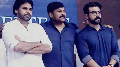 Pawan Kalyan, Chiranjeevi and Ram Charan at an event. Pawan Kalyan, Chiranjeevi and Ram Charan at an event.