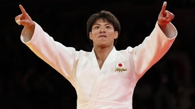 Japan's Hifumi Abe reacts after beating Brazil's Willian Lima in the judo men's 66kg gold medal bout of the Paris Olympics. (AFP) Japan's Hifumi Abe reacts after beating Brazil's Willian Lima in the judo men's 66kg gold medal bout of the Paris Olympics. (AFP)