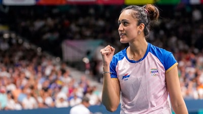 Paris: India's Manika Batra reacts after defeating France's Prithika Pavade in the women's singles round of 32 match at the Summer Olympics, in Paris, Monday (PTI) Paris: India's Manika Batra reacts after defeating France's Prithika Pavade in the women's singles round of 32 match at the Summer Olympics, in Paris, Monday (PTI)