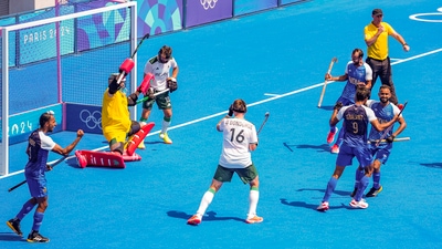 Indian players celebrate after scoring a goal during the Pool B hockey match against Ireland at the 2024 Olympics. (PTI) Indian players celebrate after scoring a goal during the Pool B hockey match against Ireland at the 2024 Olympics. (PTI)