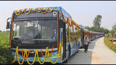 The electric buses during their launch at Bansera near Sarai Kale Khan in New Delhi on Tuesday. (PTI) The electric buses during their launch at Bansera near Sarai Kale Khan in New Delhi on Tuesday. (PTI)