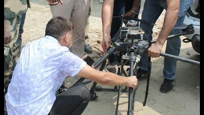 The seized drone in Ferozepur on Tuesday.