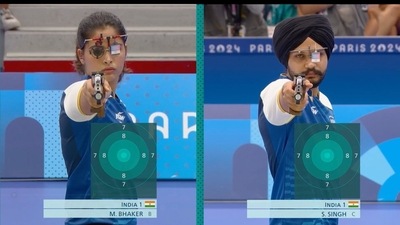 Paris 2024 Olympics: Manu Bhaker of India (left) and Sarabjot Singh of India during match. Paris 2024 Olympics: Manu Bhaker of India (left) and Sarabjot Singh of India during match.