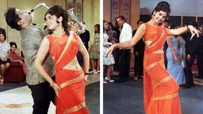 Mumtaz played a crucial role in Shammi Kapoor's 1968 classic Brahmmachari. Her popular track - Aaj kal tere mere pyar ke charche with Shammi Kapoor is one of the most iconic songs of Hindi cinema. She was also credited for reintroducing the sari in the most glamorous fashion in the song. Mumtaz played a crucial role in Shammi Kapoor's 1968 classic Brahmmachari. Her popular track - Aaj kal tere mere pyar ke charche with Shammi Kapoor is one of the most iconic songs of Hindi cinema. She was also credited for reintroducing the sari in the most glamorous fashion in the song.