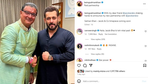 Ranveer Singh comments on Salman Khan's new partnership with luxury watch brand Jacob & Co (Screengrab from Instagram) Ranveer Singh comments on Salman Khan's new partnership with luxury watch brand Jacob & Co (Screengrab from Instagram)