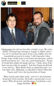 Saira Banu's birthday note for Sanjay Dutt Saira Banu's birthday note for Sanjay Dutt