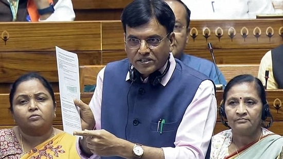 Union Sports and Youth Affairs Minister Mansukh Mandaviya speaks in the Lok Sabha during the Monsoon Session of Parliament, in New Delhi.(SansadTV)