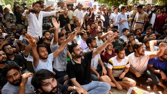 Students protest outside the IAS coaching institute in Old Rajinder Nagar, where 3 UPSC aspirants died due to drowning. (ANI Photo/Amit Sharma)(Amit Sharma)