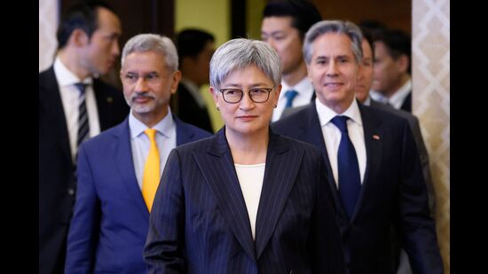 Australia's Foreign Minister Penny Wong (C), India's Foreign Minister Subrahmanyam Jaishankar and US Secretary of State Antony Blinken (R) arrive for the Quad Ministerial Meeting with ministers from the US, Japan, Australia and India, at the Iikura Guest House in Tokyo on July 29, 2024. (Photo by Kiyoshi Ota / POOL / AFP) (AFP)