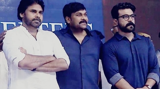 Pawan Kalyan, Chiranjeevi and Ram Charan at an event.